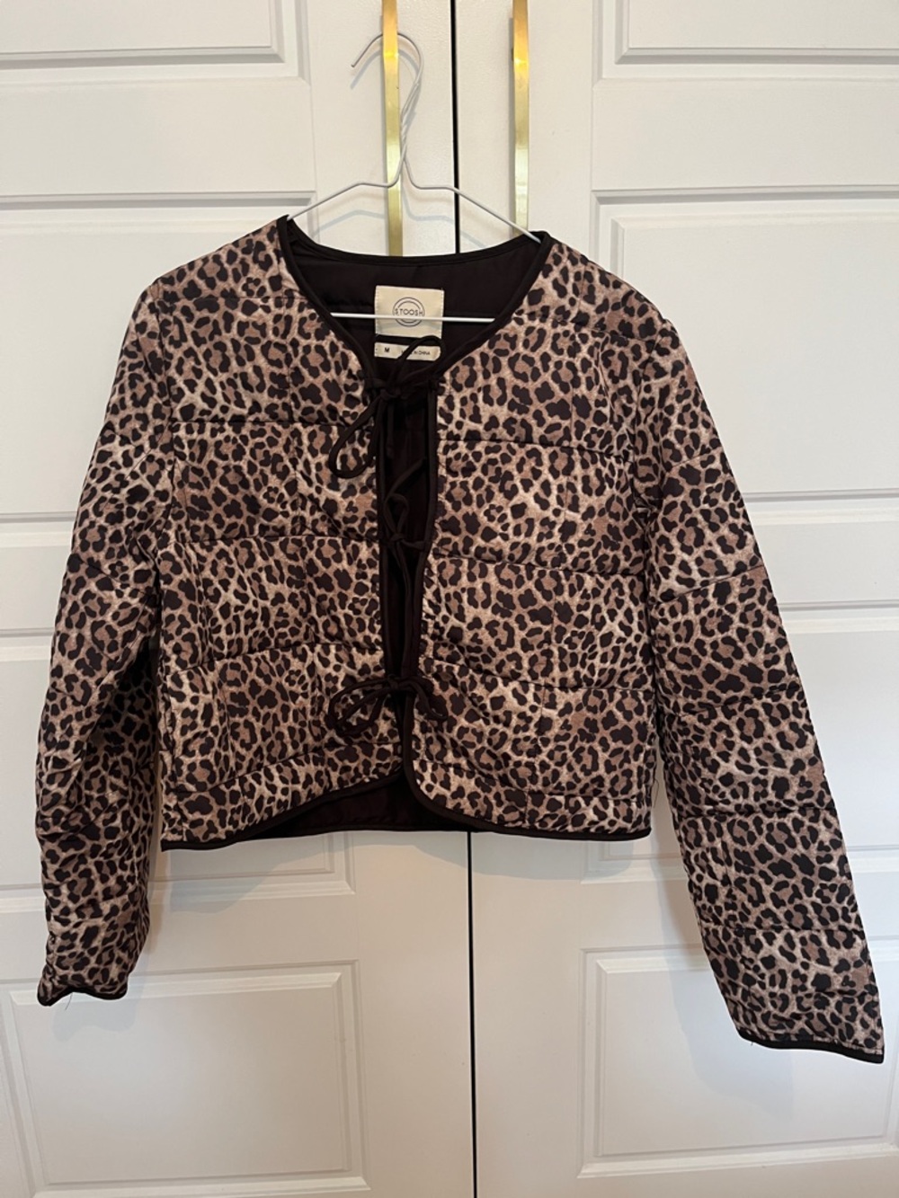 Leopard Print Tie Front Puffer Jacket